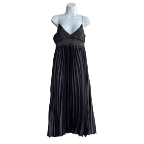 KOKO MASON Black Empire Waist Pleated Midi Dress Size M Formal Sleeveless Satin - Picture 2 of 4